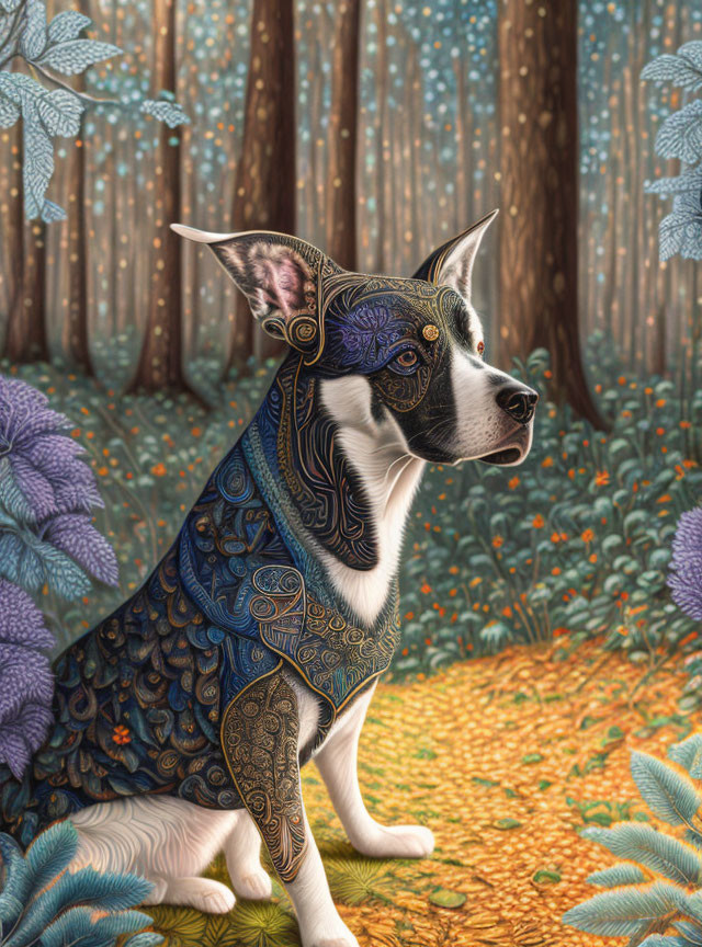 Digital artwork: Dog in ornate armor in enchanted forest