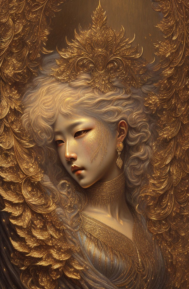 Intricate portrait of woman with golden hair and headpiece