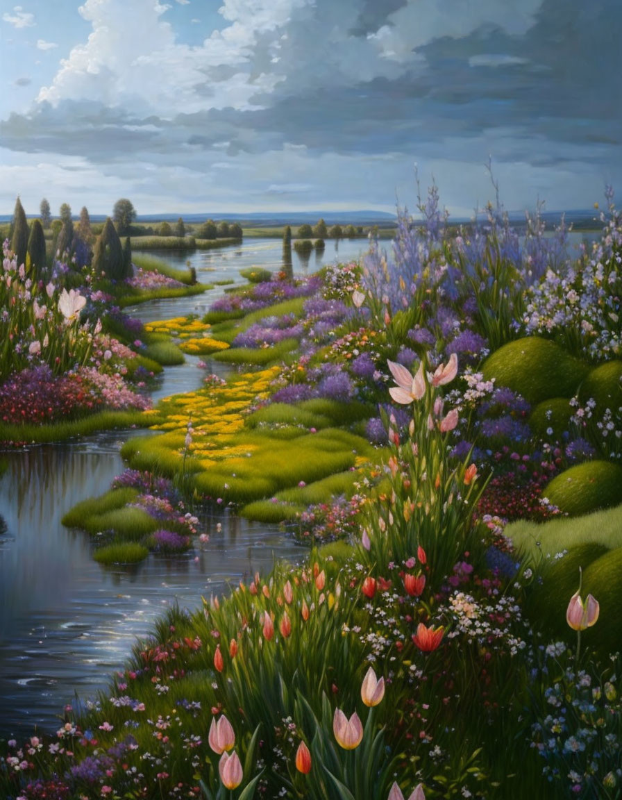 Tranquil landscape: river, floral banks, cloudy sky