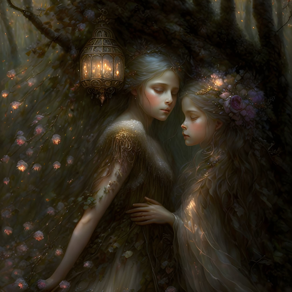 Ethereal fairy-like figures embrace in mystical forest