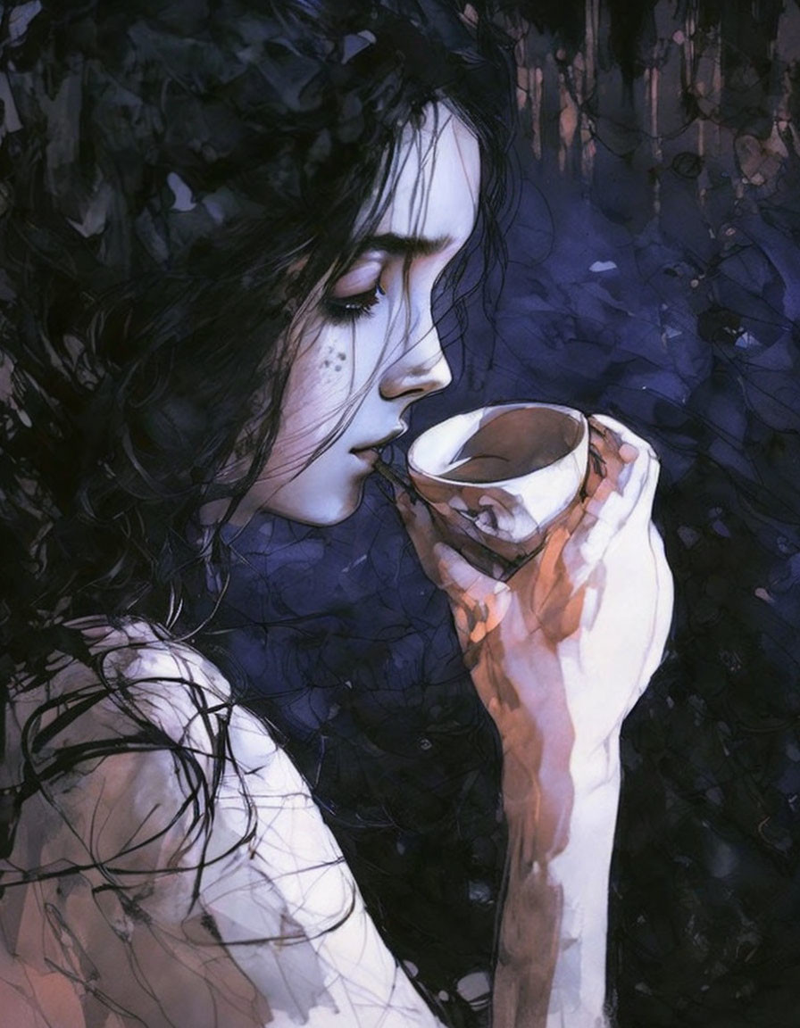 Dark-haired woman holding a cup with pensive expression on blue textured background