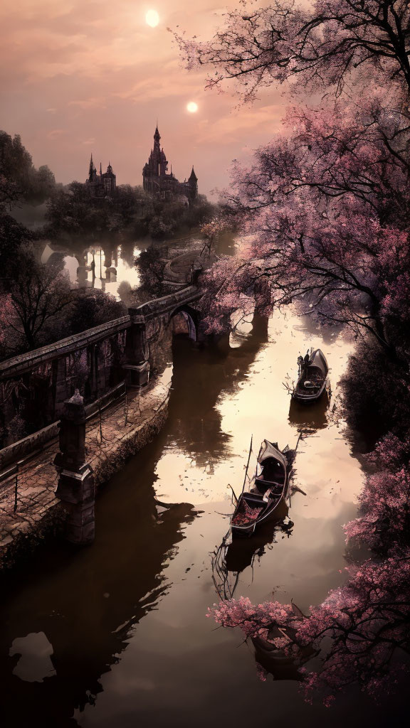 Tranquil cherry blossom river scene with boats, old bridge, and castle at twilight