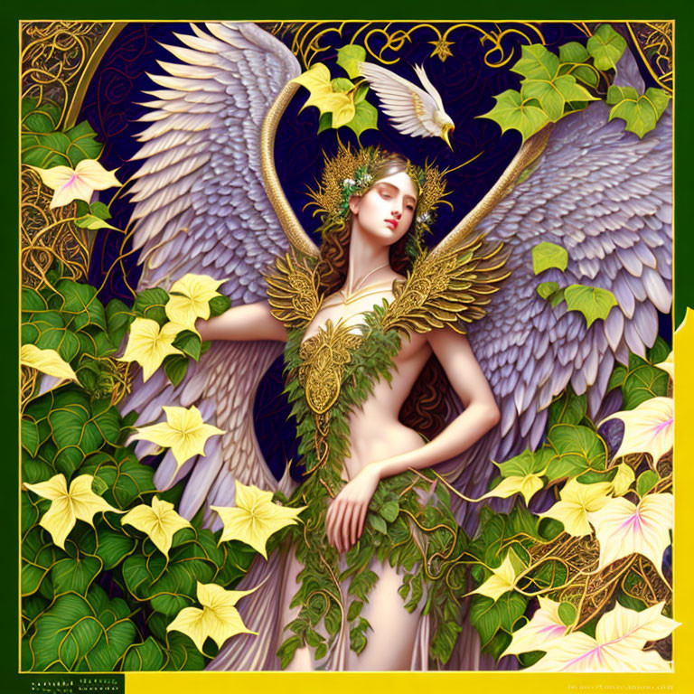 Fantasy illustration of winged creature in golden armor with antlers on intricate background