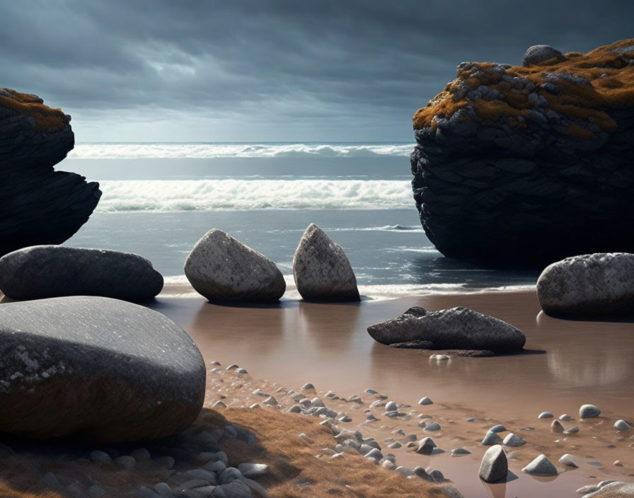 Tranquil beach scene with scattered stones, moss-covered rocks, and dramatic cloudy sky