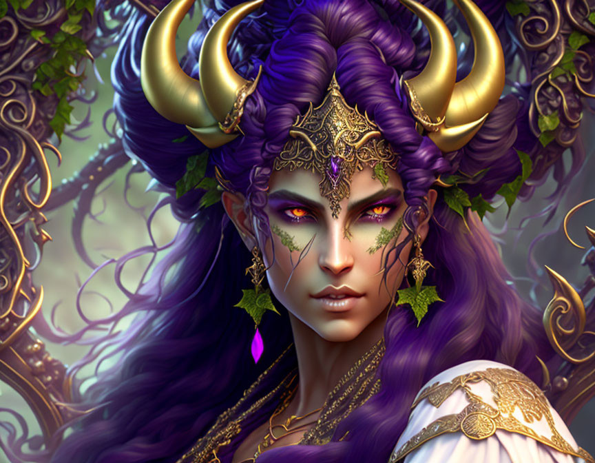 Fantasy illustration of purple-skinned woman with horns and golden jewelry