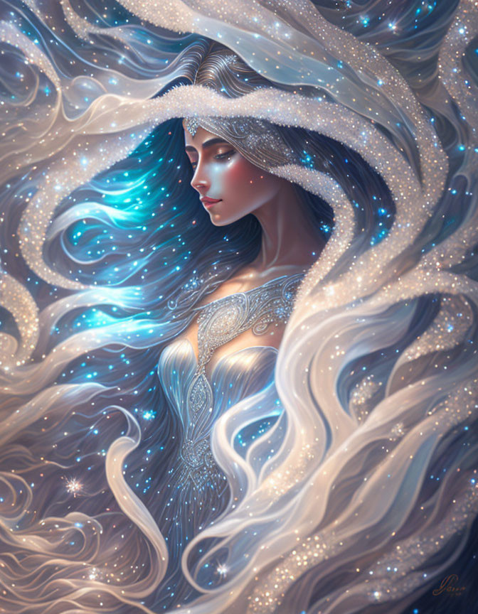 Mystical Female Figure with Cosmic Hair and Silver Attire