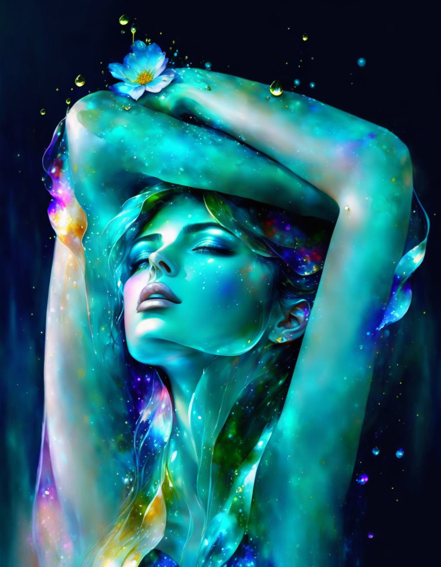 Colorful digital artwork of woman with cosmic glow and blue flower in hair