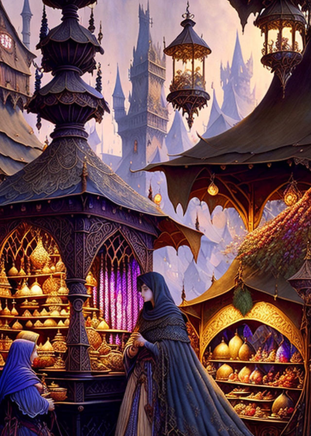 Fantasy market scene with lanterns, cloaked figure, and castle at twilight