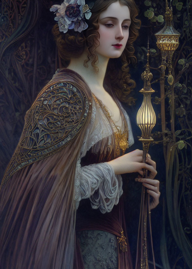 Woman with ornate hairstyle and flowing gown holding lantern in dark, enchanting backdrop