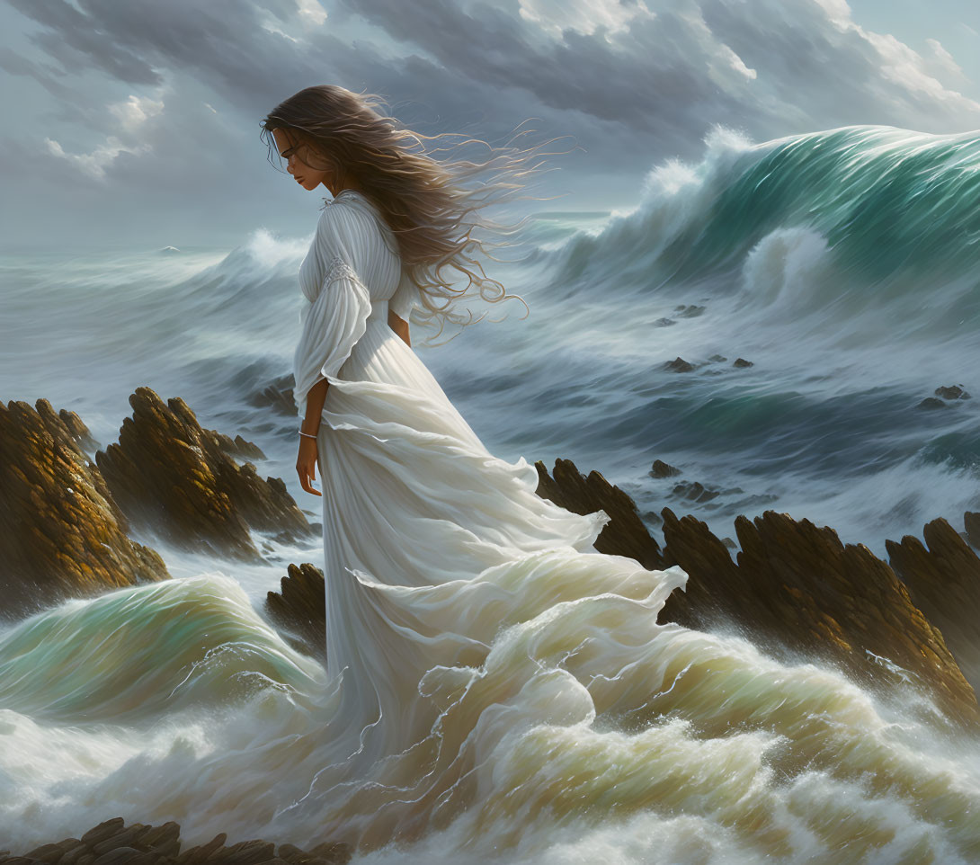 Woman in flowing white dress on rocky shore with crashing waves