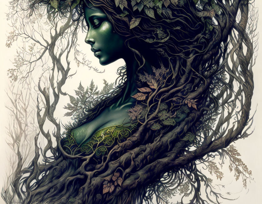 Illustration of woman intertwined with branches and leaves