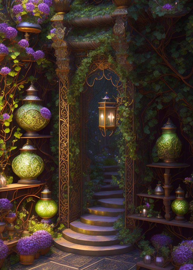 Mystical nighttime garden with intricate door, lush greenery, purple flowers, glowing lanterns