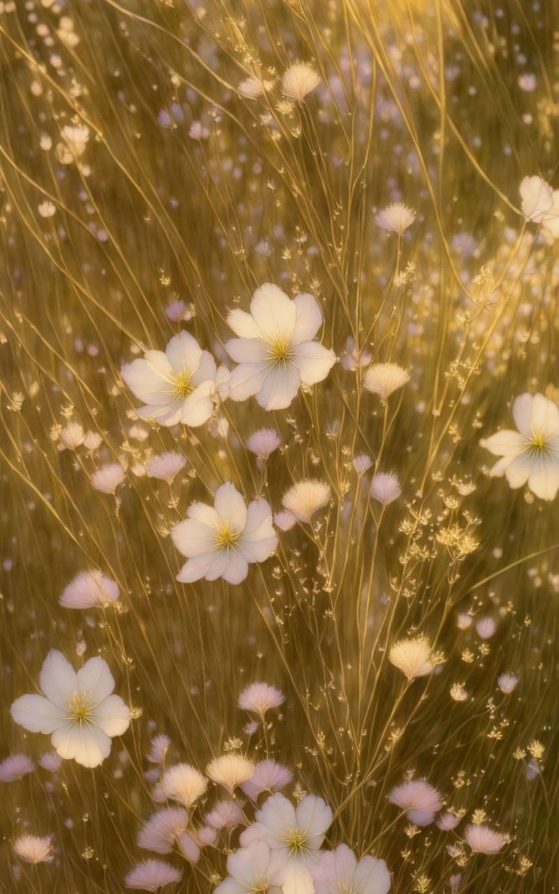 Tranquil meadow scene with soft white flowers and thin grasses