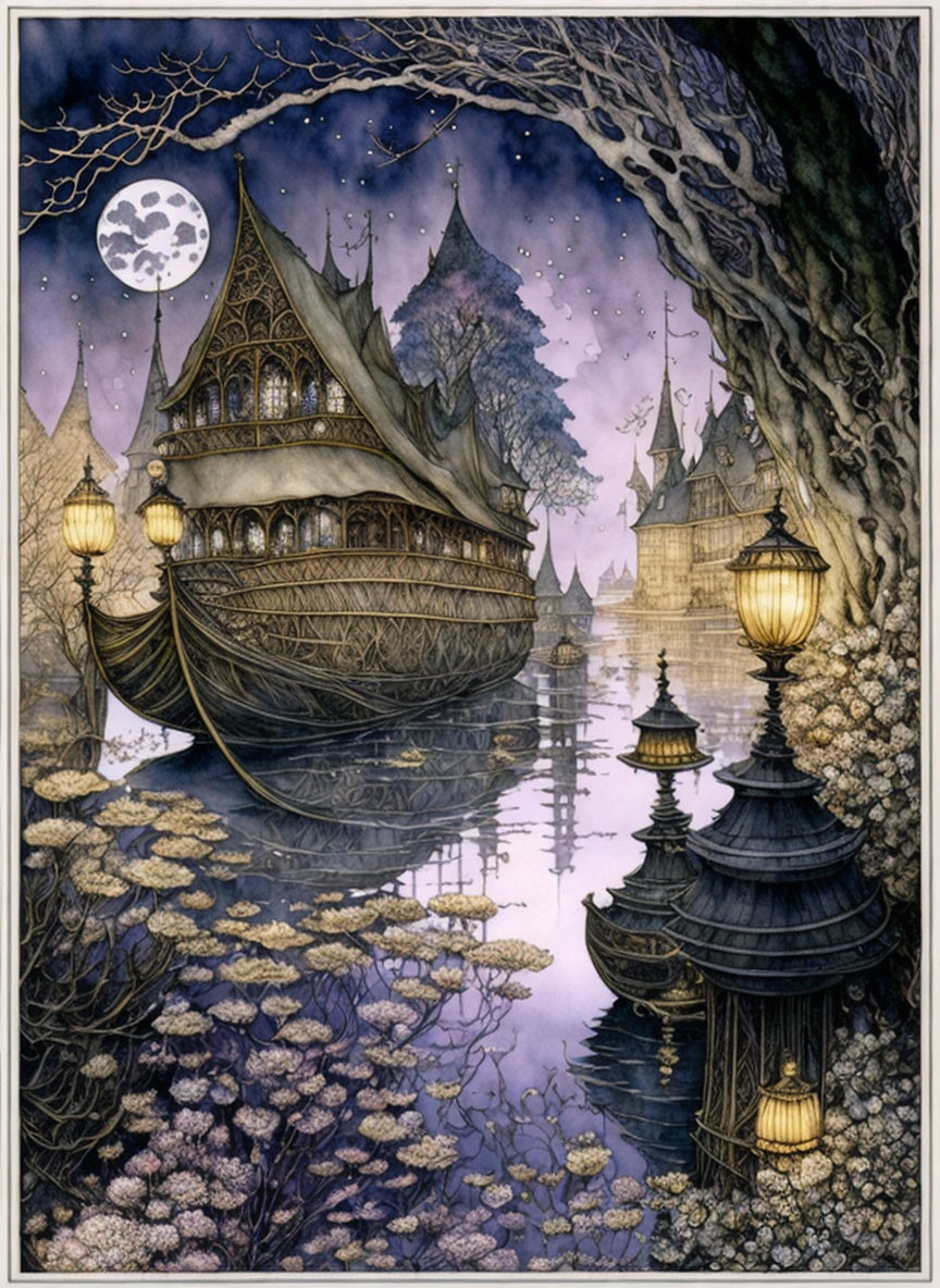 Moonlit Night Scene: Ornate Ship, Lanterns, Lilies, Mystical Towers