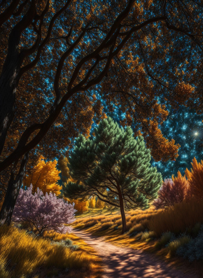 Colorful Forest Path Under Starry Autumn Sky