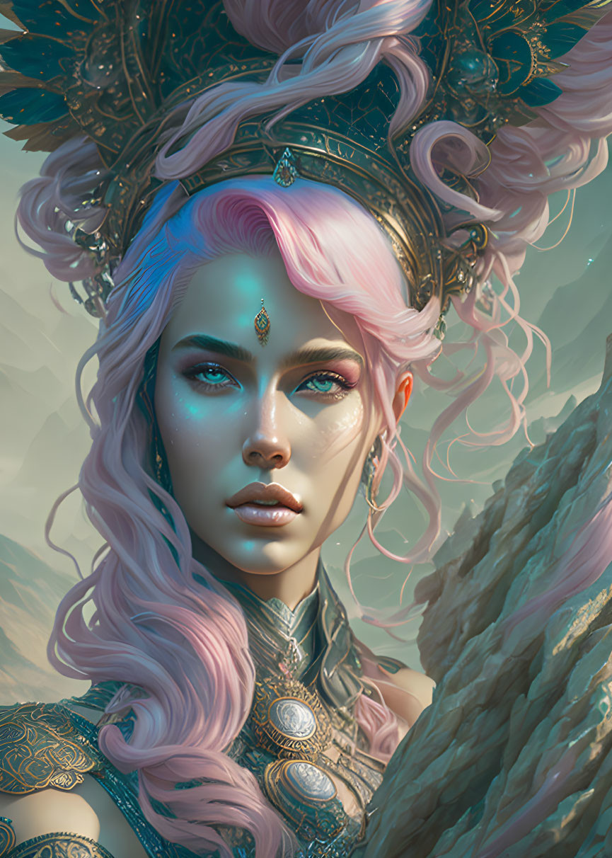 Fantasy Artwork: Woman with Pink Hair & Elaborate Silver Armor