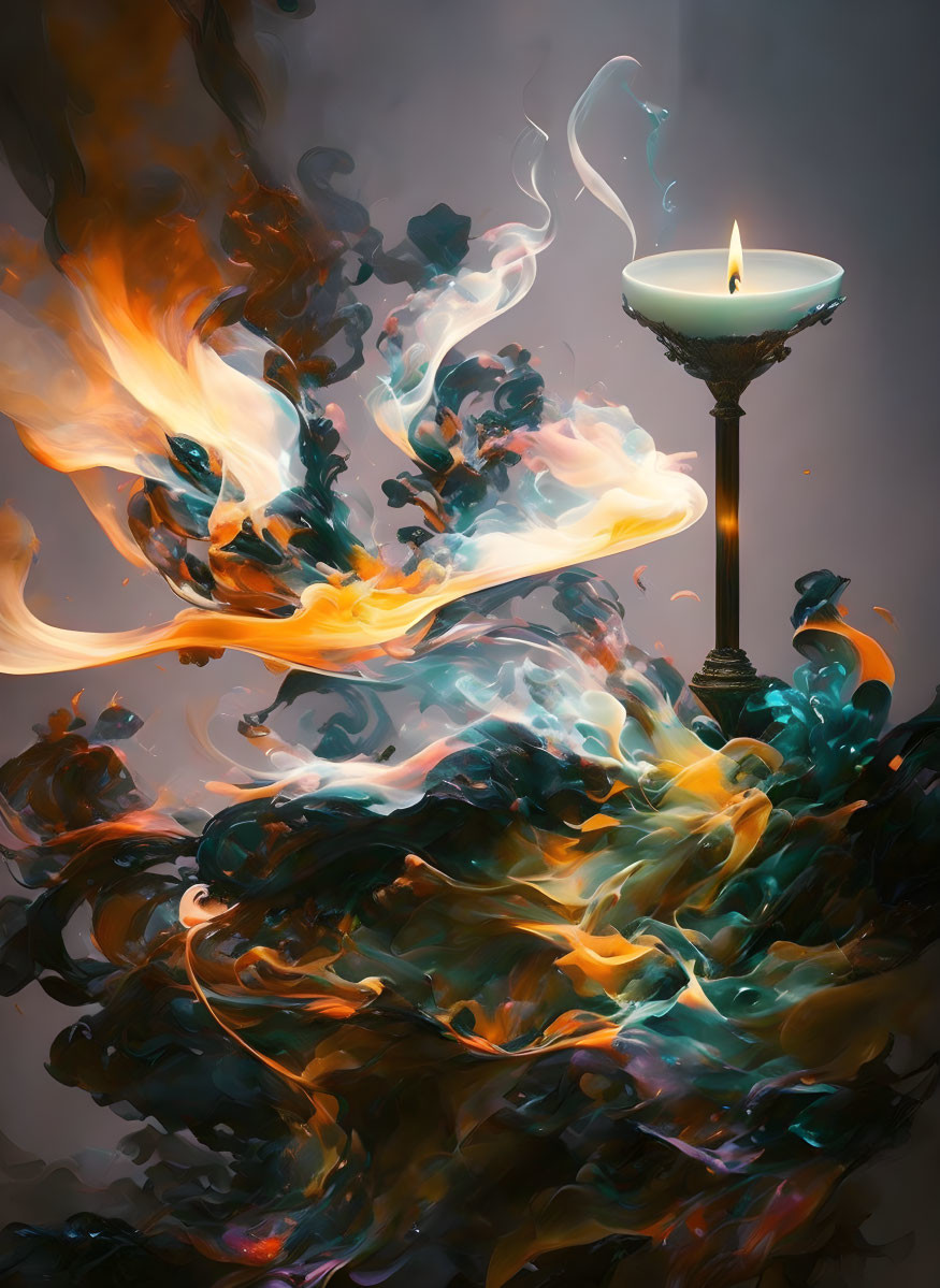 Colorful Artwork of Candle Surrounded by Ethereal Flames