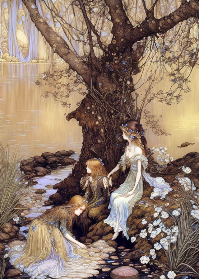 Art Nouveau illustration of three ethereal women by tree with intricate patterns