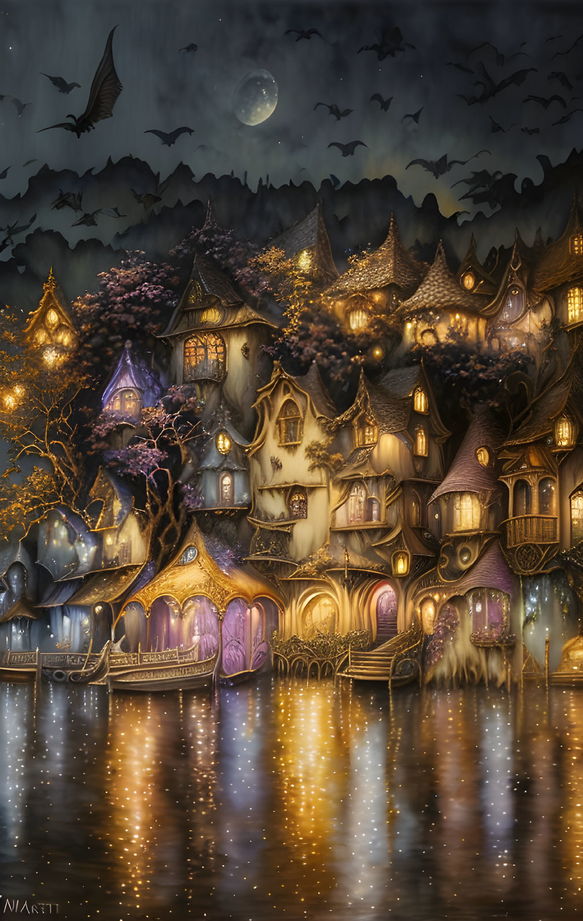 Whimsical village night scene with illuminated houses reflected in water