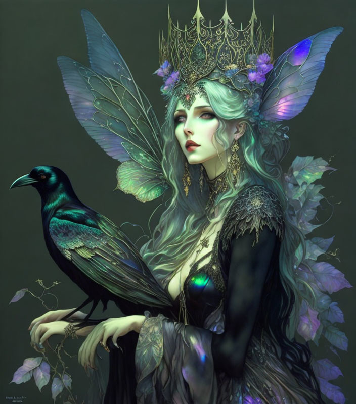 Fantasy illustration of woman with green hair, butterfly wings, crown, raven in dark setting