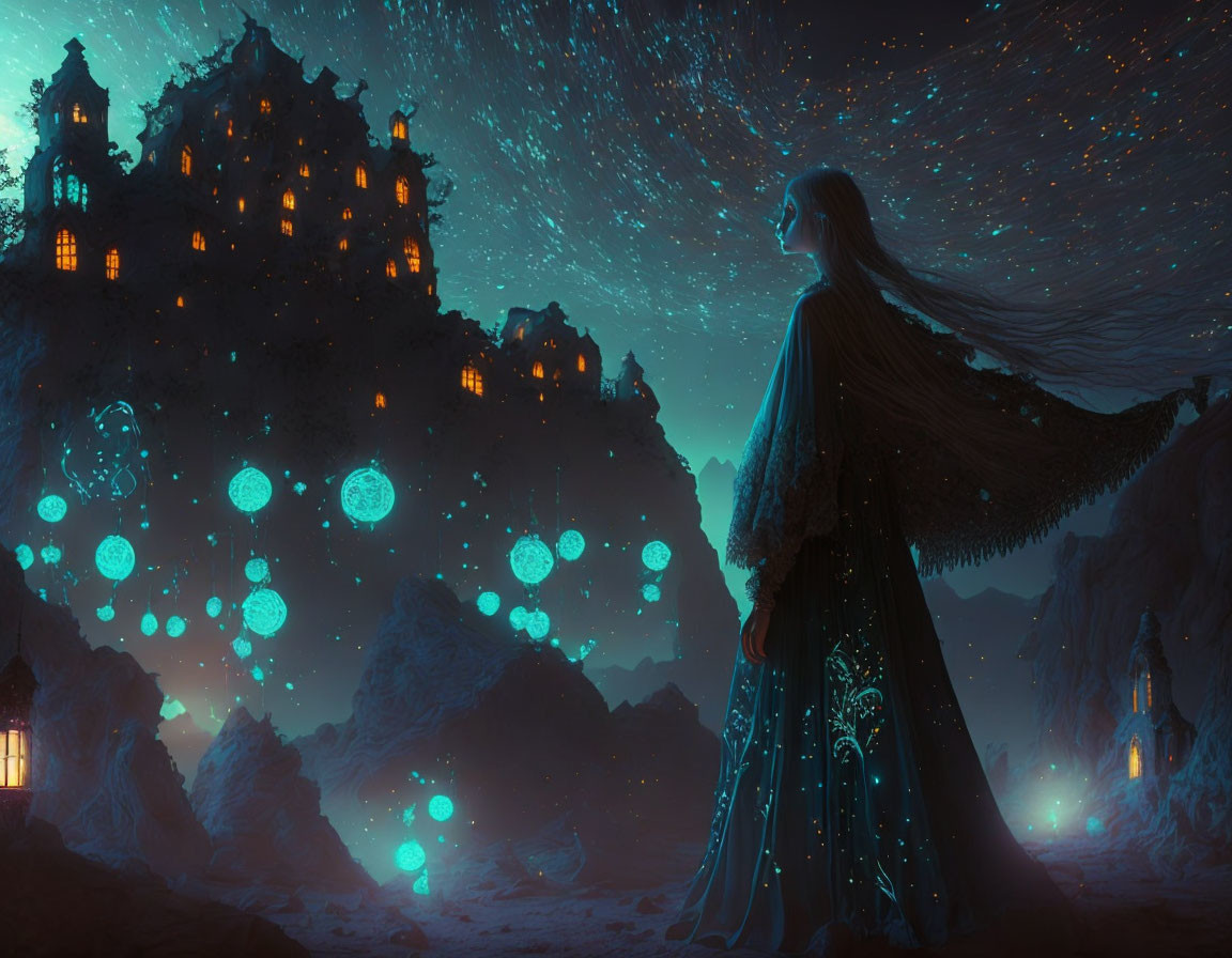 Woman in starry cape admires glowing castle under star-filled sky