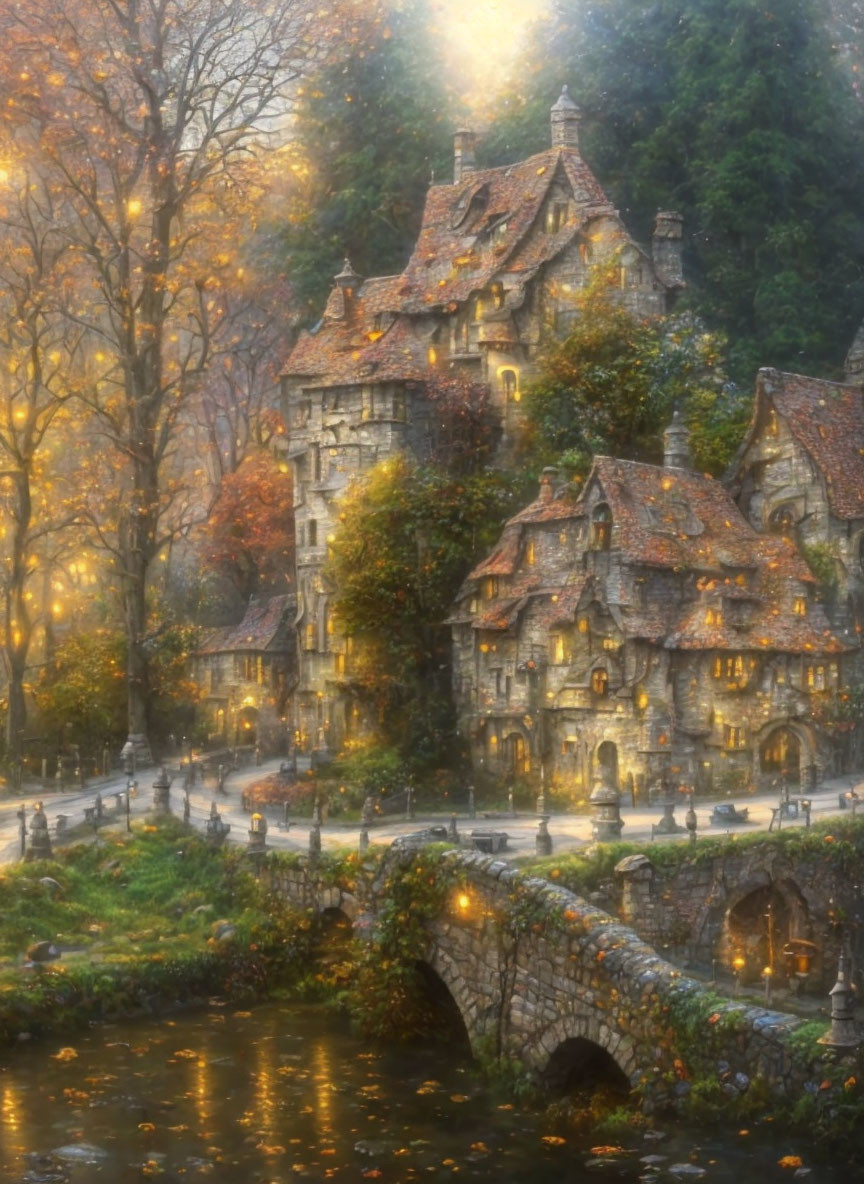 Picturesque village with stone houses, bridge, autumn trees, and twilight lights