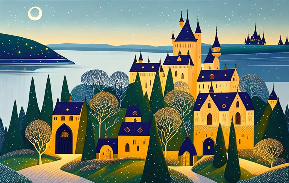 Whimsical starry night scene with fairy tale landscape