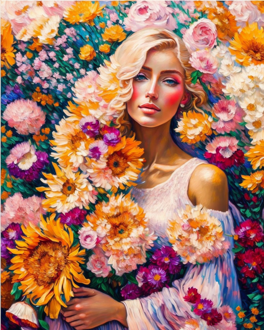 Colorful painting of woman with flowers in pink, orange, and blue