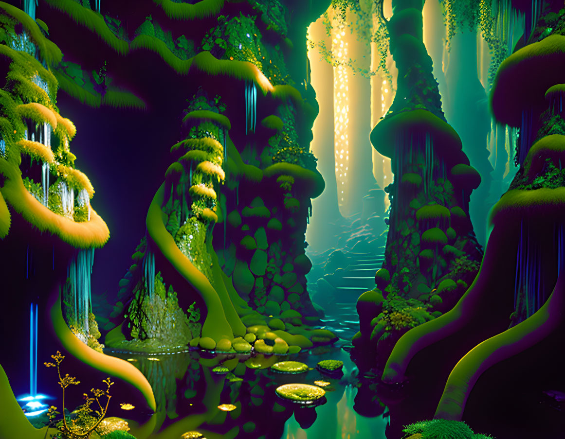 Mystical neon-lit forest with cascading waterfalls and luminous flora