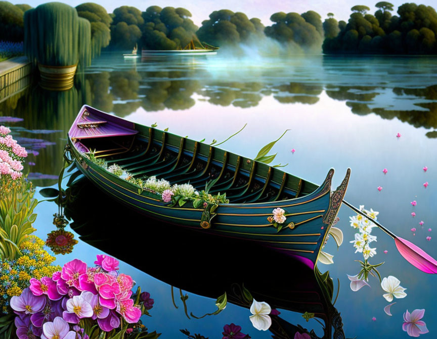 Ornate flower-adorned boat on tranquil river with lush greenery