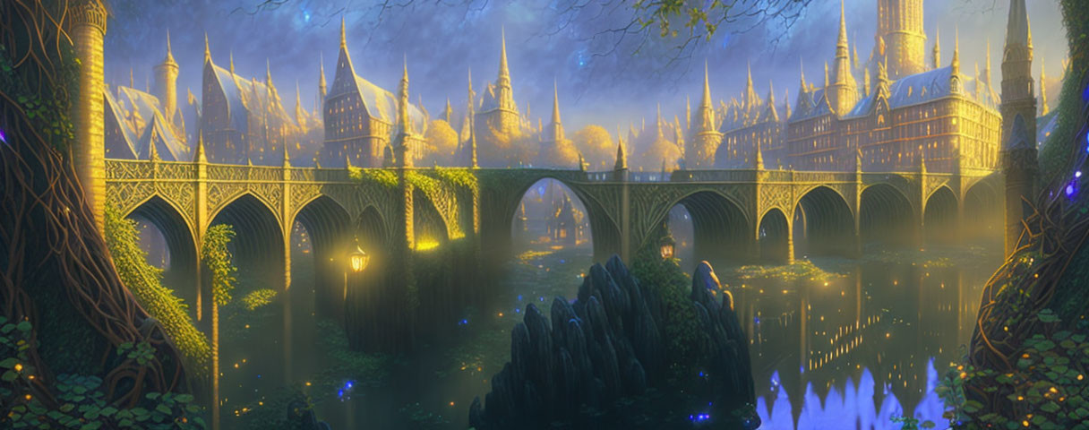 Elaborate castle in lush forest with river bridges at twilight