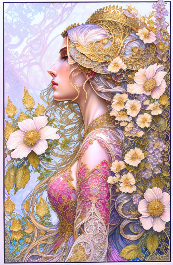 Illustrated fantasy woman with golden crown and intricate dress among flowers.