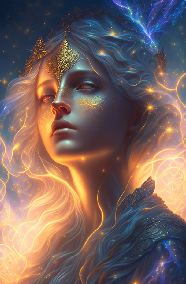 Fantasy being portrait with blue eyes and golden filigree in cosmic setting