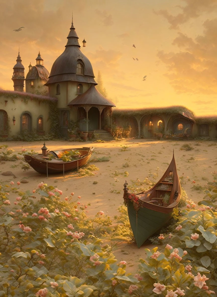 Tranquil sunset scene with boats, blooming flowers, fairytale cottage, and flying birds