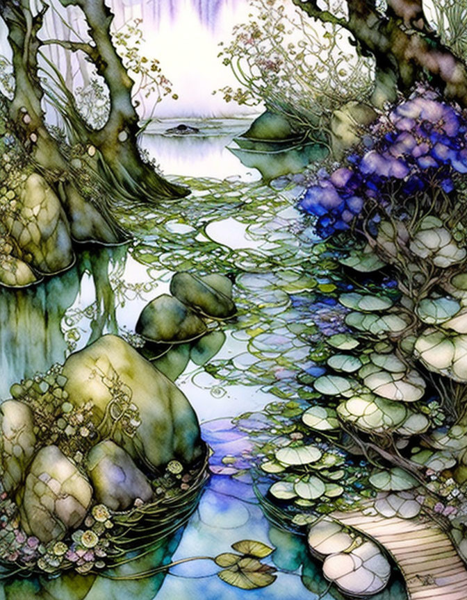 Magical forest illustration with blue stream and lush flora