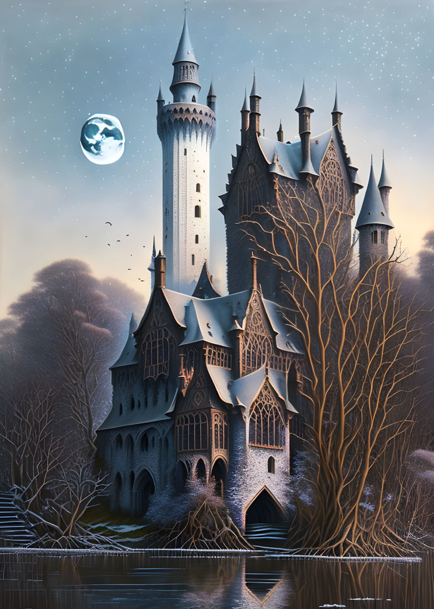 Majestic fairytale castle under full moon by tranquil lake