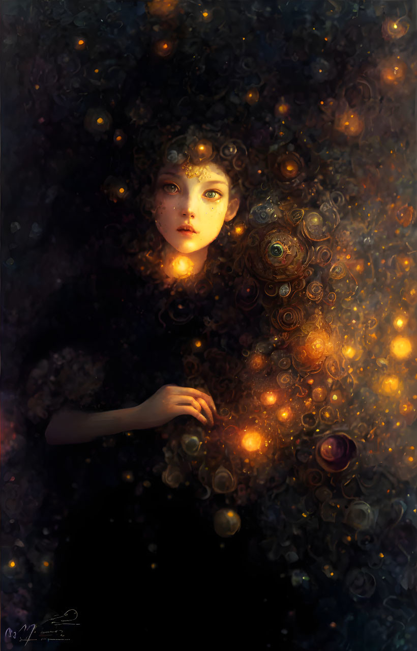 Woman emerging from cosmic background with galaxies and orbs in gold and amber