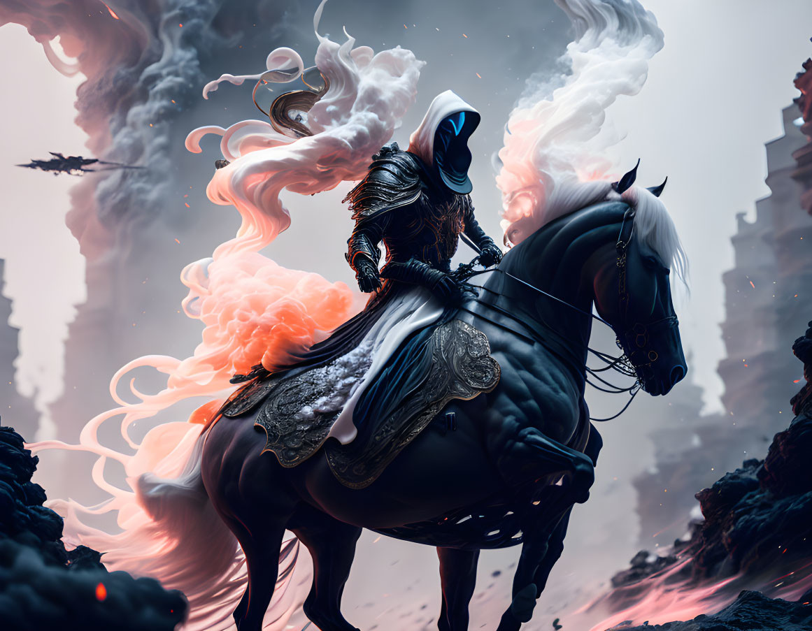 Knight in black armor on horse in mystical city scene with smoke