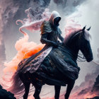 Knight in black armor on horse in mystical city scene with smoke