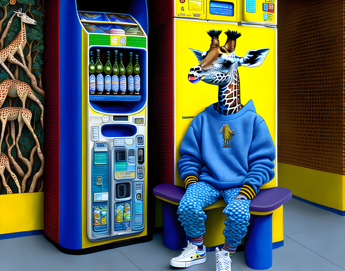 Human-Body Giraffe in Casual Clothes Among Colorful Vending Machines