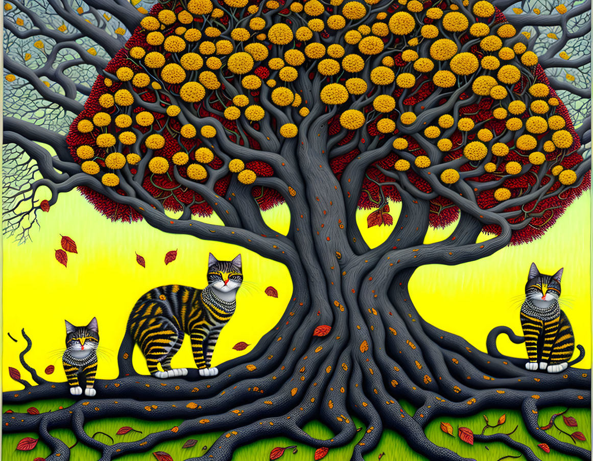 Vibrant surreal artwork: tree with patterned canopies, striped cats, fallen leaves.