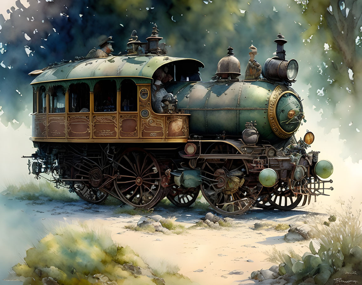 Vintage Train Illustration in Snowy Landscape with Ornate Details