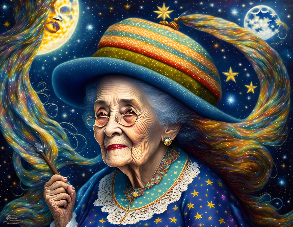 Elderly woman with starry hair painting against cosmic backdrop