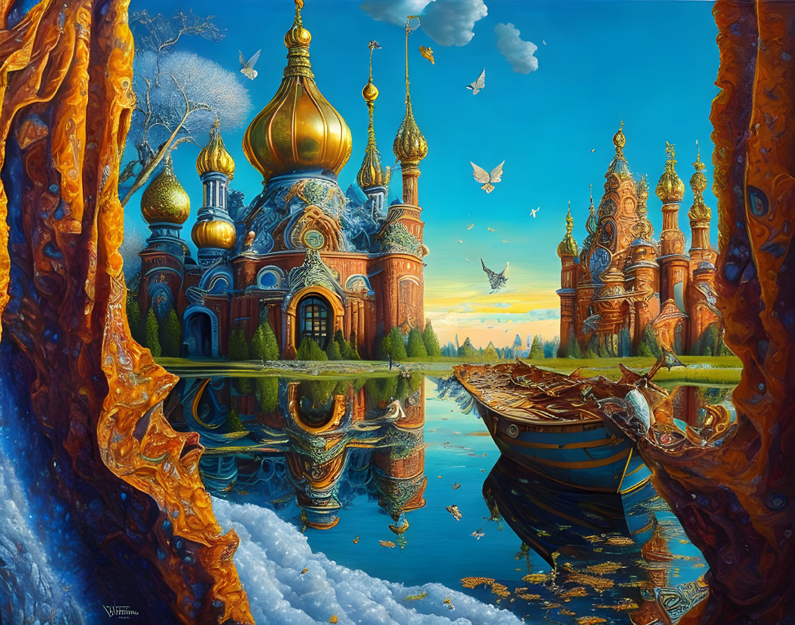 Colorful Fantasy Landscape: Ornate Cathedral, Golden Domes, Tranquil River, Autumnal Trees