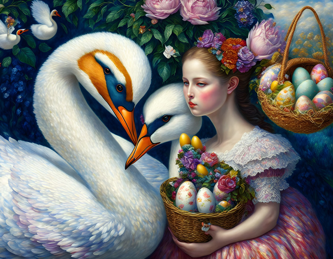 Girl with Floral Wreath Holding Easter Egg Basket Surrounded by Swans, Flowers, and D