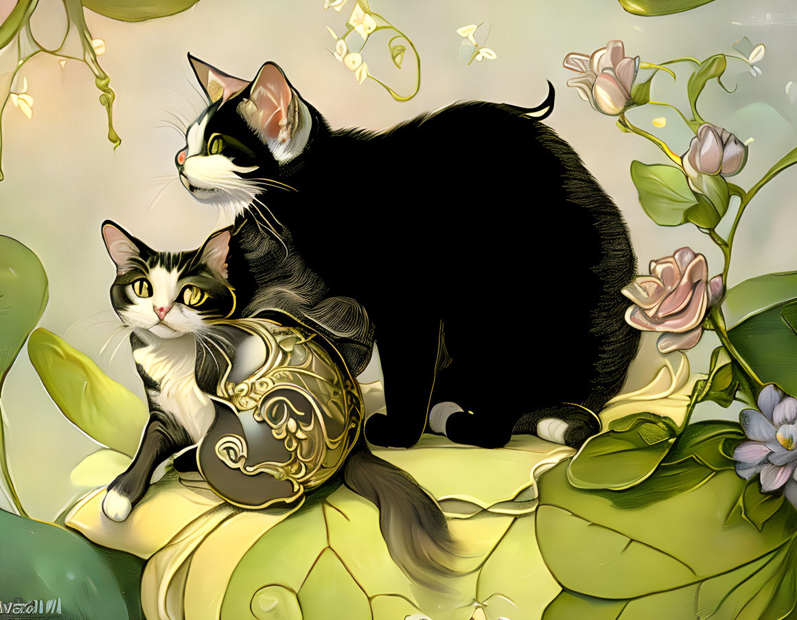 Illustrated cats with green eyes on flower-filled background.