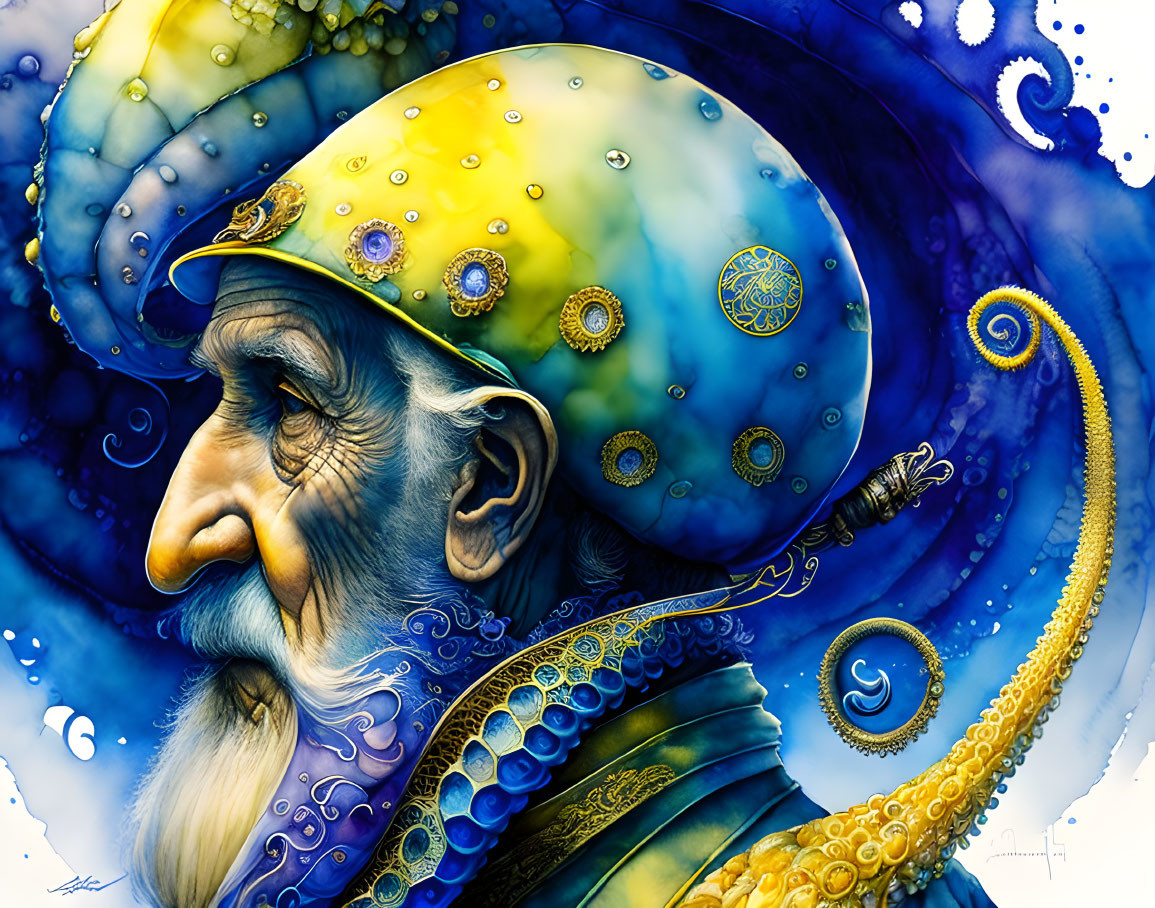 Colorful Oceanic Theme: Old Man with Tentacle Beard & Sea Captain's Hat