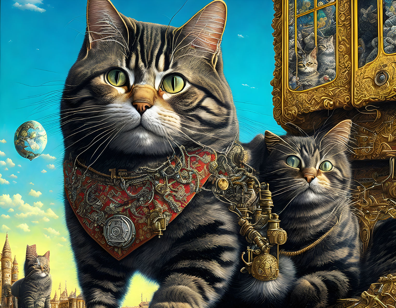 Detailed regal tabby cat with medals and jewelry in fantastical setting