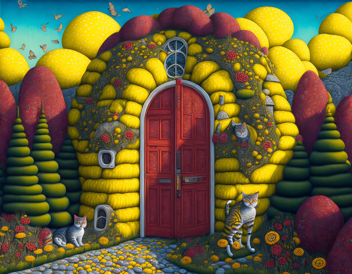 Colorful Illustration of Whimsical House with Cats and Butterflies