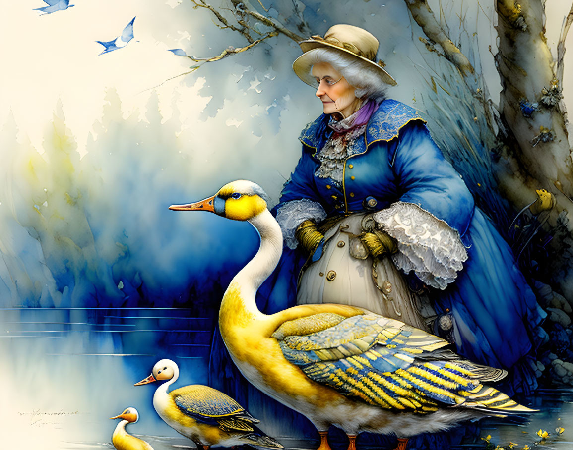 Illustration of woman in vintage attire with yellow ducks in forest setting